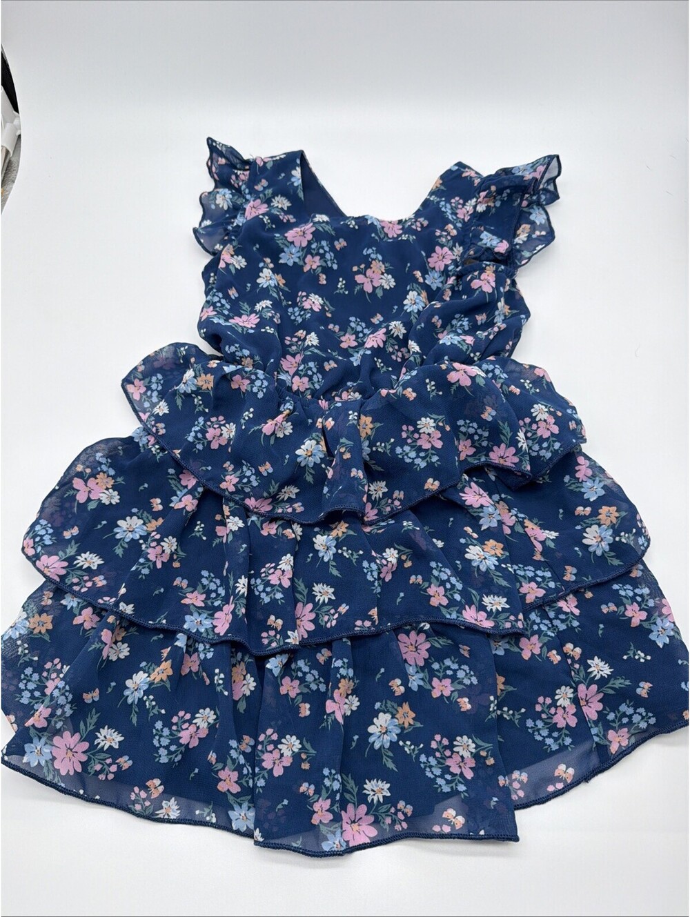 Girls Flutter Sleeve Ruffle Dress Blue & Pink Floral Size 2t   Jenna & Jessie